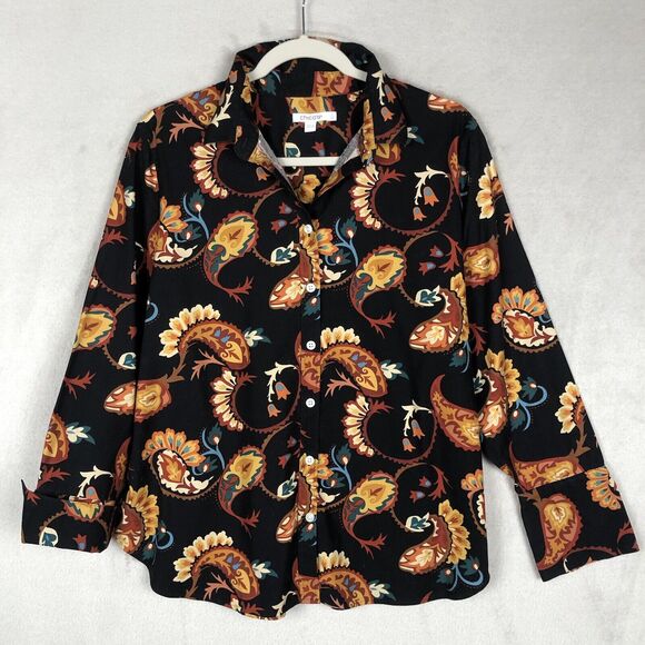 CHICOS Top Sz 2 (12) L Black Paisley Stretch Cotton Fold Cuff Button Up Classic - Picture 1 of 12